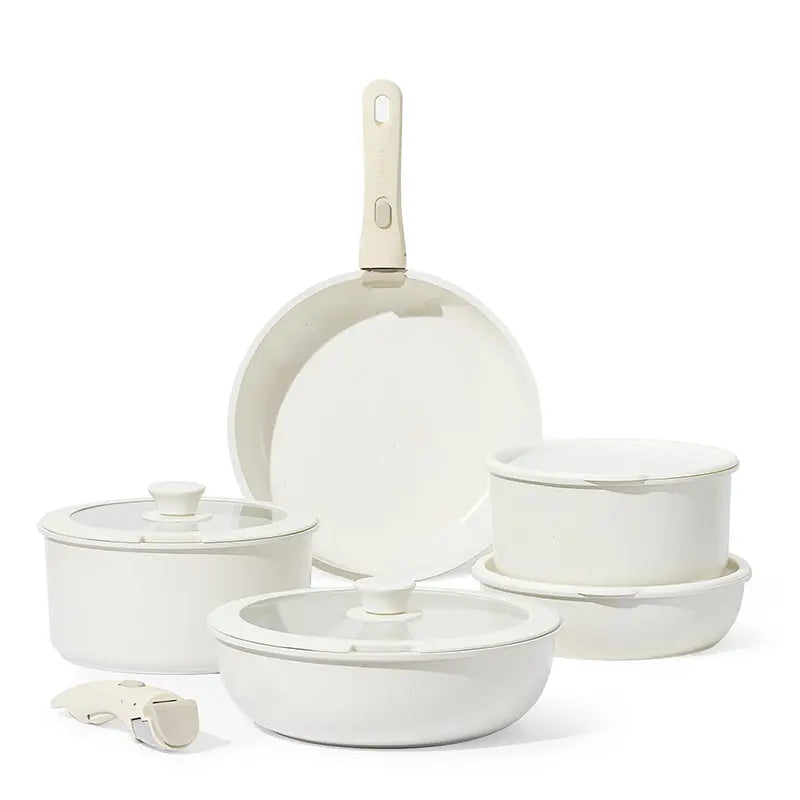 [Official] CAROTE 11Pcs Removable Handle Pots and Pans Set,Cream White/Multicolor Nonstick Cookware Sets , RV Cookware Set, Oven Safe