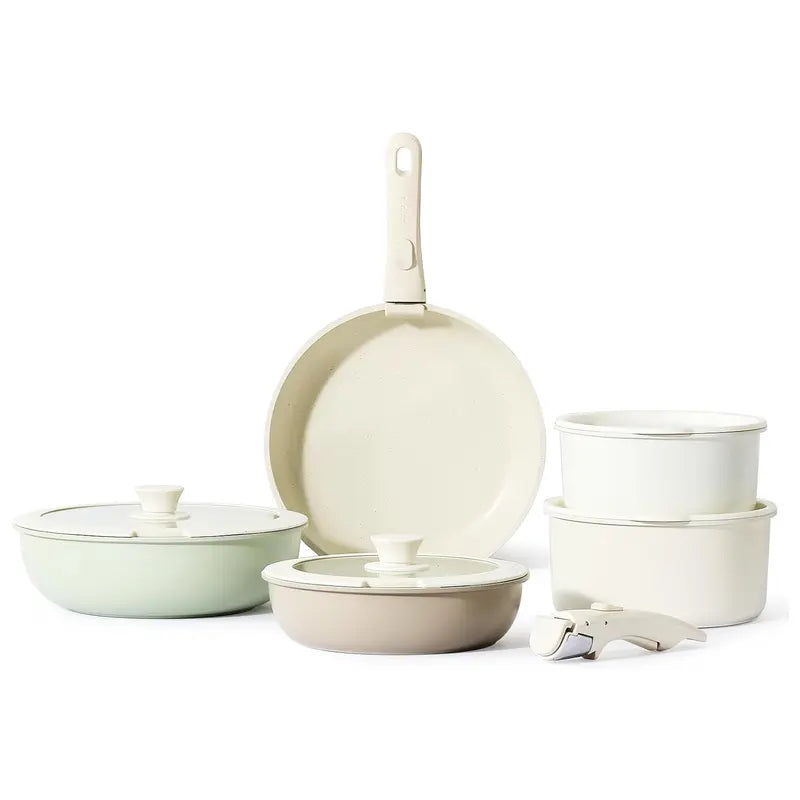 [Official] CAROTE 11Pcs Removable Handle Pots and Pans Set,Cream White/Multicolor Nonstick Cookware Sets , RV Cookware Set, Oven Safe